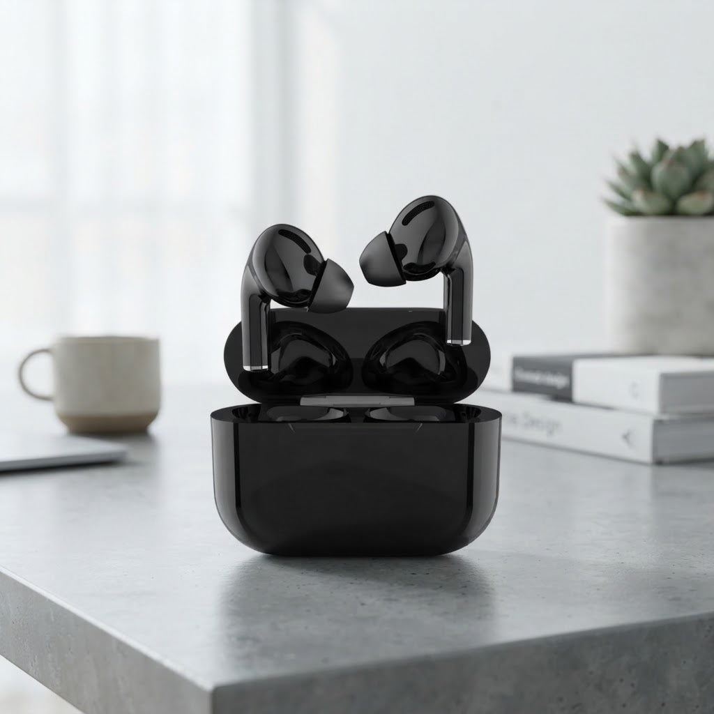 Premium Black AirPods – Wireless Bluetooth Earbuds with Smart Touch, Powerful Bass & Stylish .