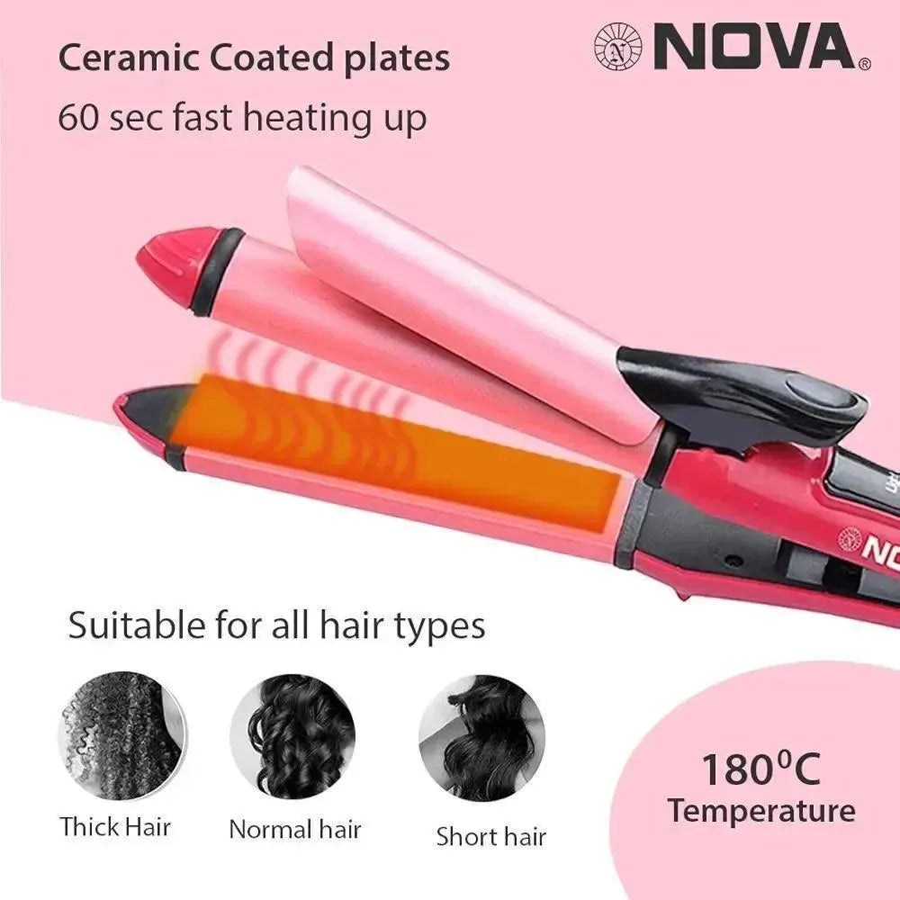 2in1 Nova Hair straightener & Curler | 2-in-1 Dual-Use Styling Tool with Quick Heat-Up Technology, Ceramic Plates for Smooth Straightening