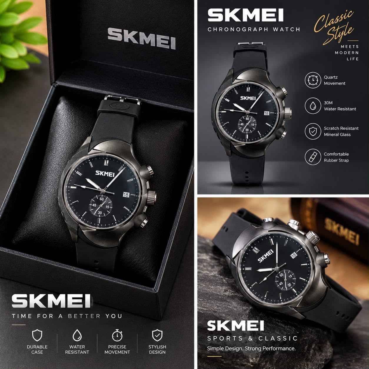 SKMEI Men’s Watch With Box– Stylish & Durable Waterproof Wristwatch Watches