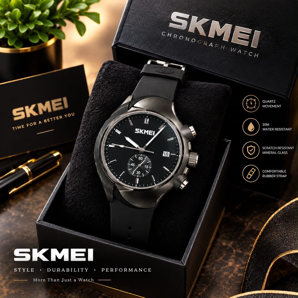 SKMEI Men’s Watch With Box– Stylish & Durable Waterproof Wristwatch Watches