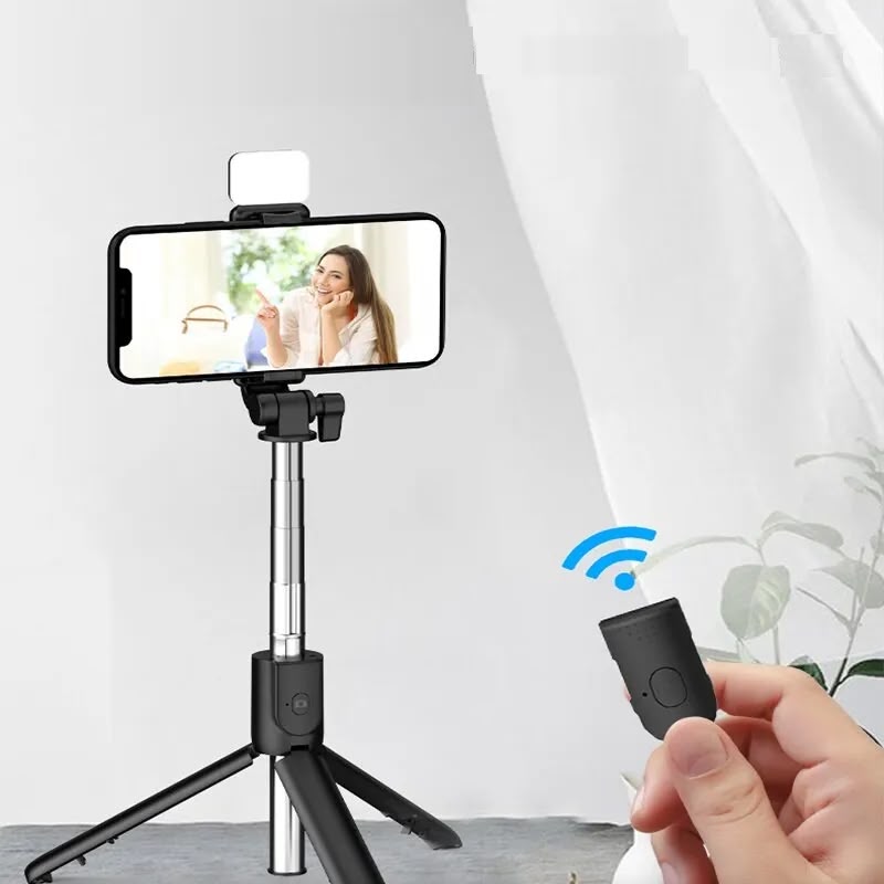 R1S 3-In-1 Selfie Stick Tripod With LED Light & Bluetooth Remote