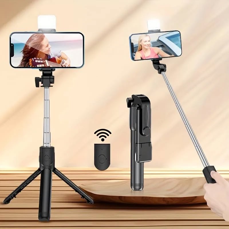 R1S 3-In-1 Selfie Stick Tripod With LED Light & Bluetooth Remote